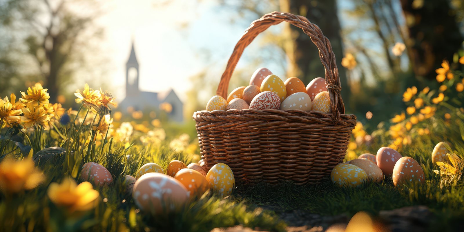 Colorful decorated eggs in a wicker basket surrounded by blooming flowers on a sunny spring day
